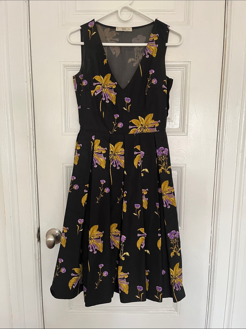 Prada Black Floral V-Neck Fit & Flare Dress with Yellow and Purple Flowers